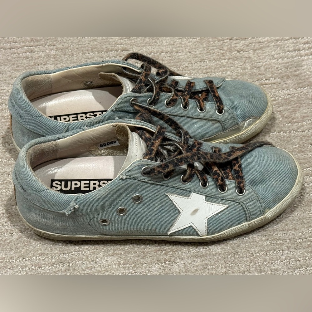 Golden Goose Superstar Denim Sneakers with Leopard Laces - Sz 10